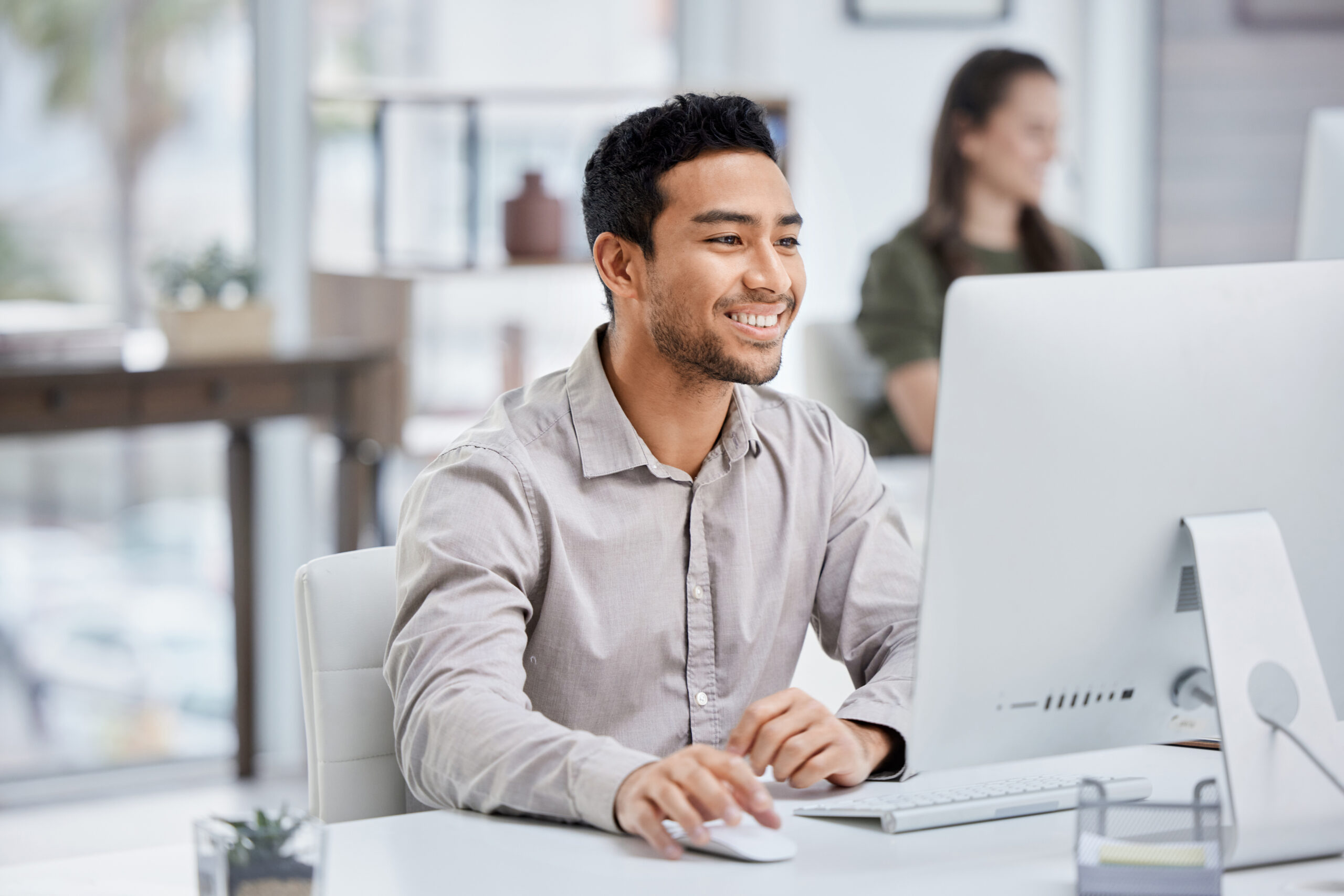 Business, smile and man with a computer, connection and administrator with digital planning, search internet and website information. Male person, employee and consultant with a pc and online reading